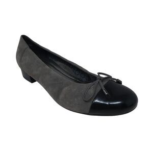 Ara Belinda Gray Black Leather Cap Toe Bow Ballet Flats Womens 7
